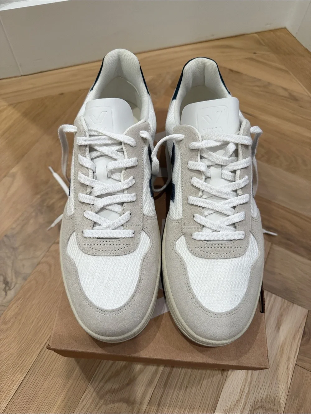 Veja Men's White and Beige Sneakers with Navy V Logo